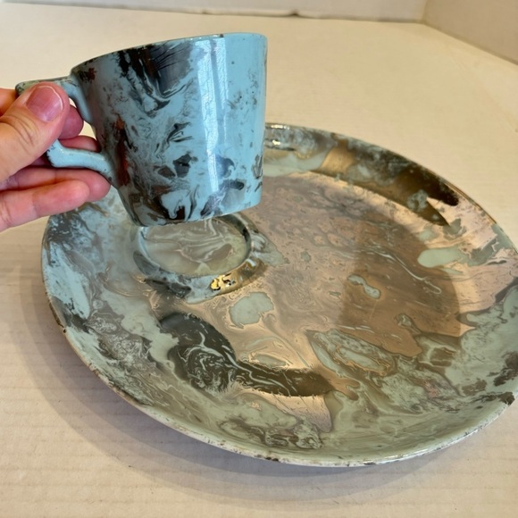 Sasha Brastoff Snack Plate Cup Surf Ballet Pattern Turquoise Platinum Marble - Picture 4 of 16